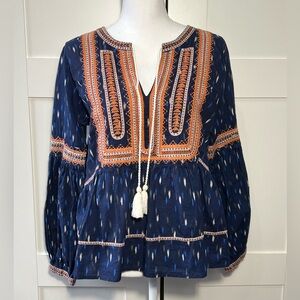 THML Navy Blue Boho Embroidered Peasant Top with Orange Accents